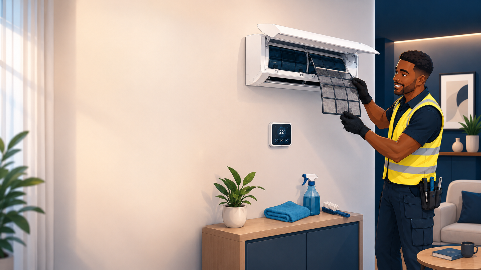 Indoor air conditioning filter being cleaned